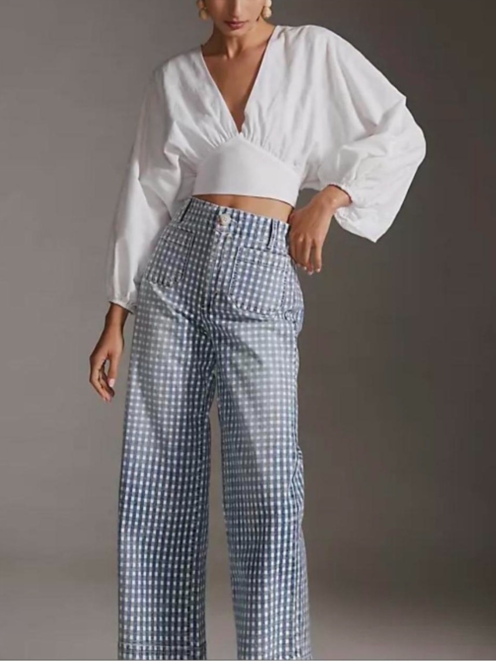 Pilcro Blue and White Gingham Wide-Leg Pants